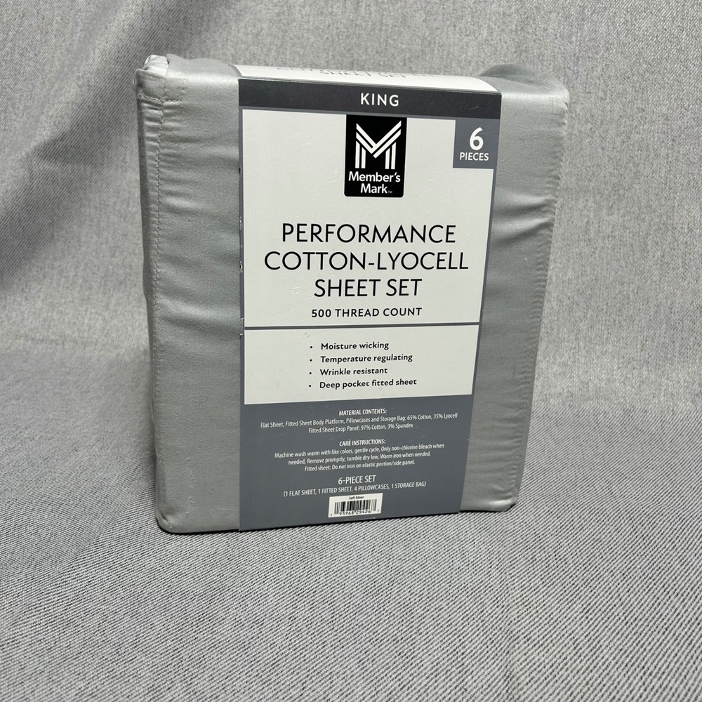 Member's Mark Performance Cotton-Lyocell Sheet Set King Soft Silver 500TC 6pc
